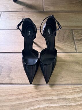 Zara Black Croc-Embossed Pointed Ankle-Strap Heels